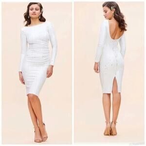 NWT Dress the Population White Emilia Sequin Long Sleeve Ruched Dress XXS $285